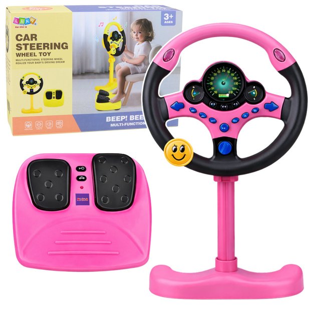 Interactive Steering Wheel on Stand with Pedals Lights Sounds Pink