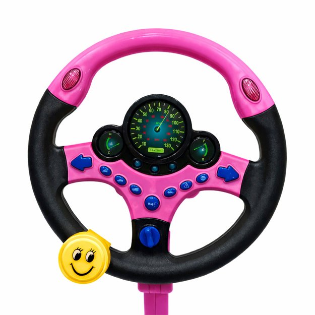 Interactive Steering Wheel on Stand with Pedals Lights Sounds Pink