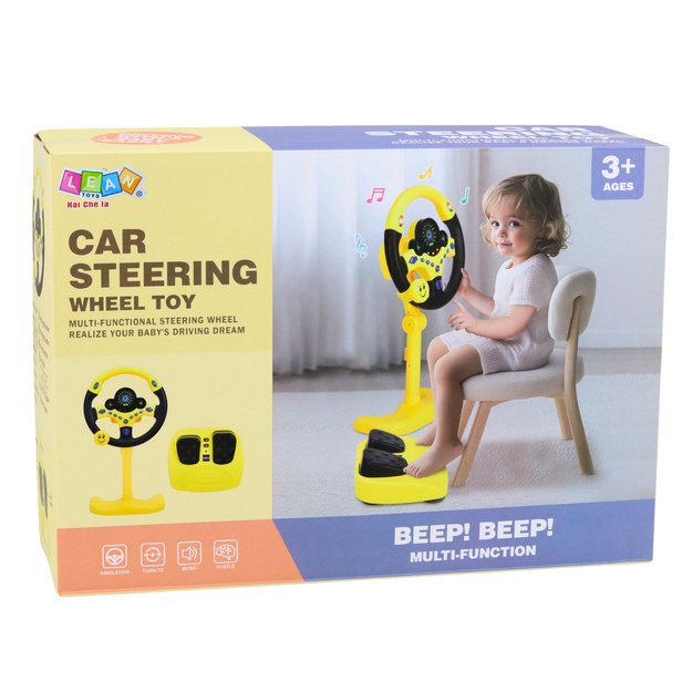 Interactive Steering Wheel on Stand with Pedals Lights Sounds Pink