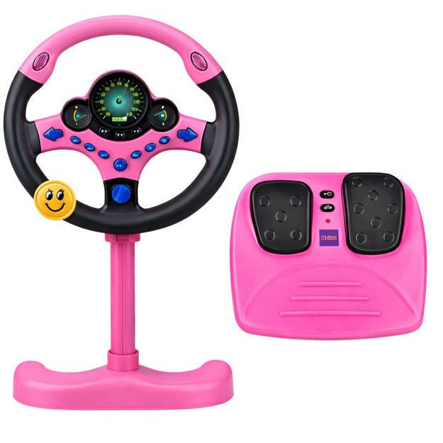Interactive Steering Wheel on Stand with Pedals Lights Sounds Pink