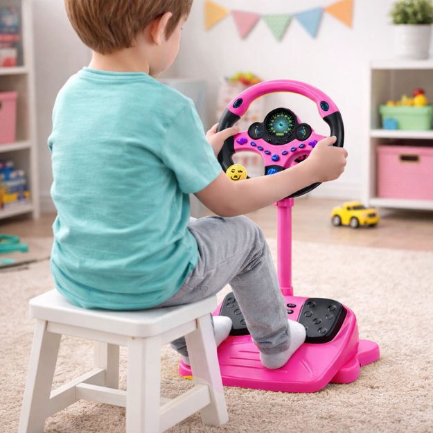 Interactive Steering Wheel on Stand with Pedals Lights Sounds Pink