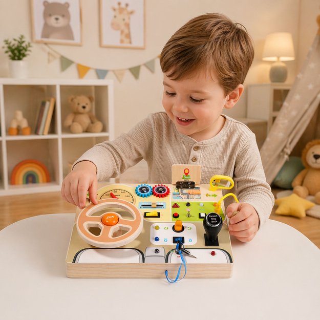 Interactive Manipulative Educational Wooden Steering Wheel Key Board