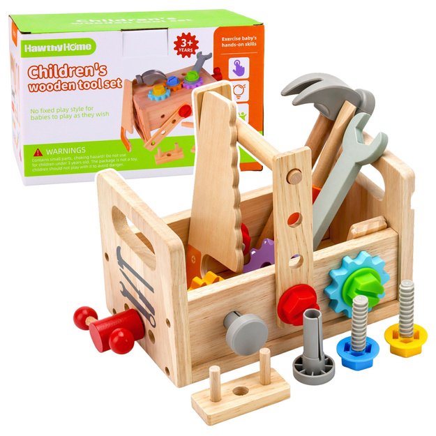 Wooden Toolbox Set for Children with Gears and Nuts