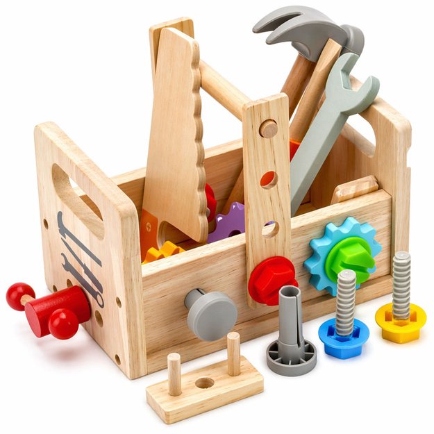 Wooden Toolbox Set for Children with Gears and Nuts
