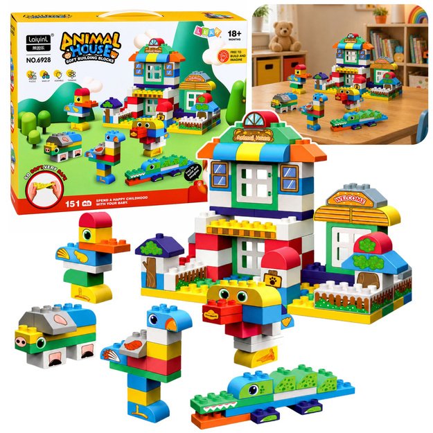 Soft Sensory Silicone Construction Blocks Animal House 151 pcs.