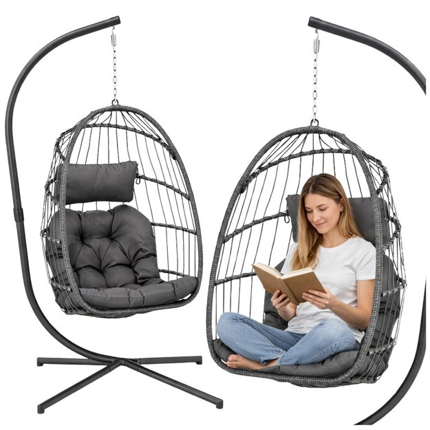 LEAN Hanging Rocking Chair Garden Cocoon Cushions Swing Brown Frame