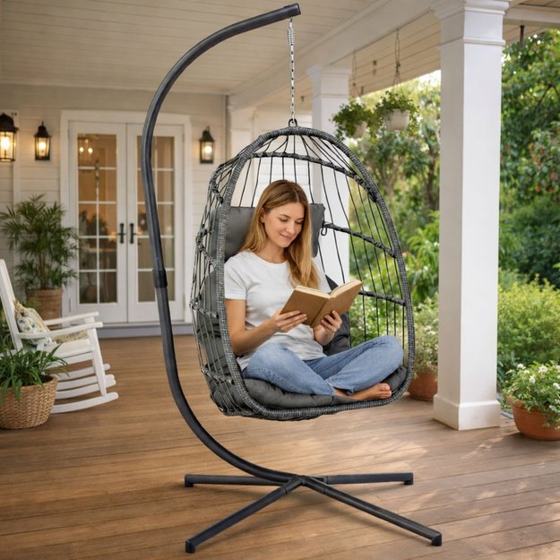 LEAN Hanging Rocking Chair Garden Cocoon Cushions Swing Brown Frame