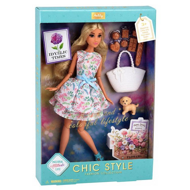 Anlily Doll with Dog, Floral Dress, Bag, Snacks, Accessories Set