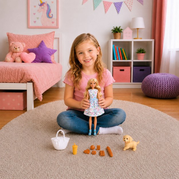 Anlily Doll with Dog, Floral Dress, Bag, Snacks, Accessories Set