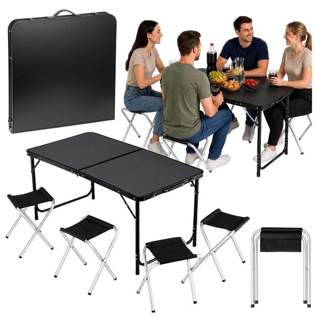 Set of camping furniture, folding table, 4 stools, black suitcase