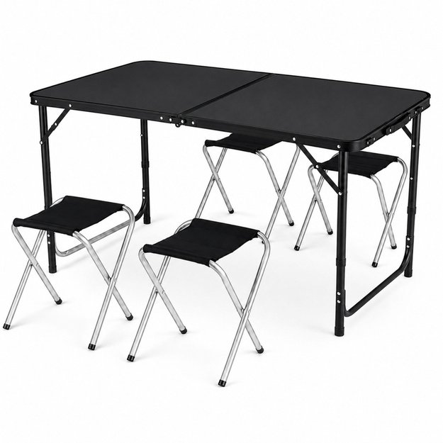 Set of camping furniture, folding table, 4 stools, black suitcase