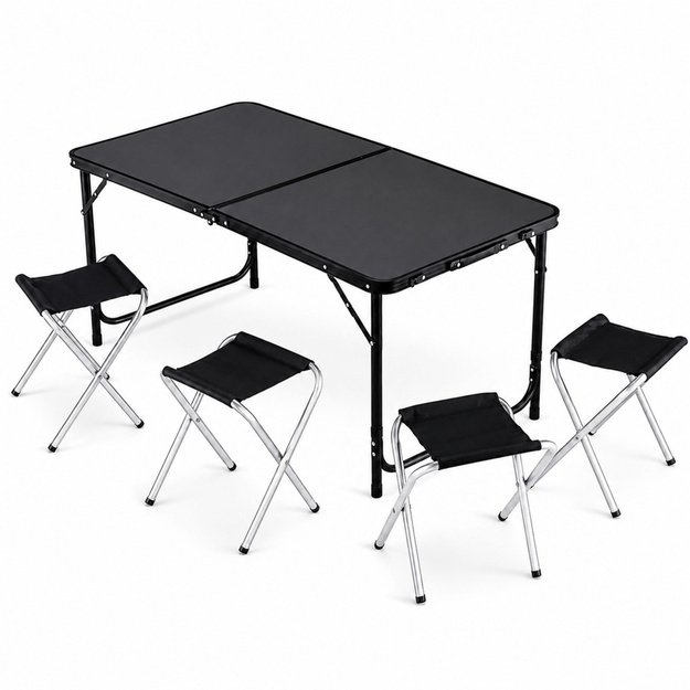 Set of camping furniture, folding table, 4 stools, black suitcase