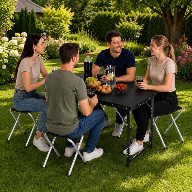 Set of camping furniture, folding table, 4 stools, black suitcase