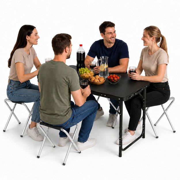 Set of camping furniture, folding table, 4 stools, black suitcase