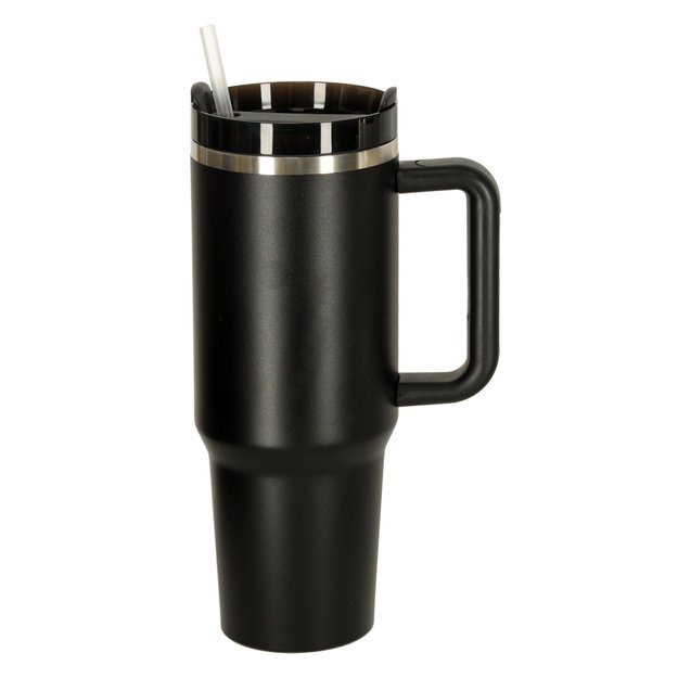 Termo puodelis su šiaudeliu ir rankenėle termosas 1200ml juodas 2