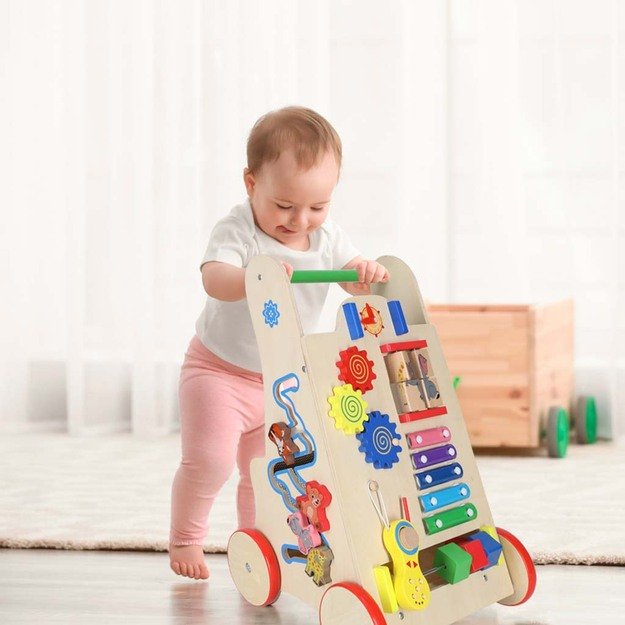 Vaikiškas vežimėlis medinis lavinamasis kubas 6in1 48