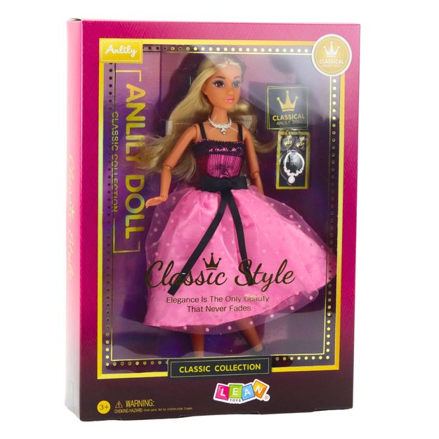Anlily Doll in Pink Dress with Black Bow, Earrings, and Necklace 2