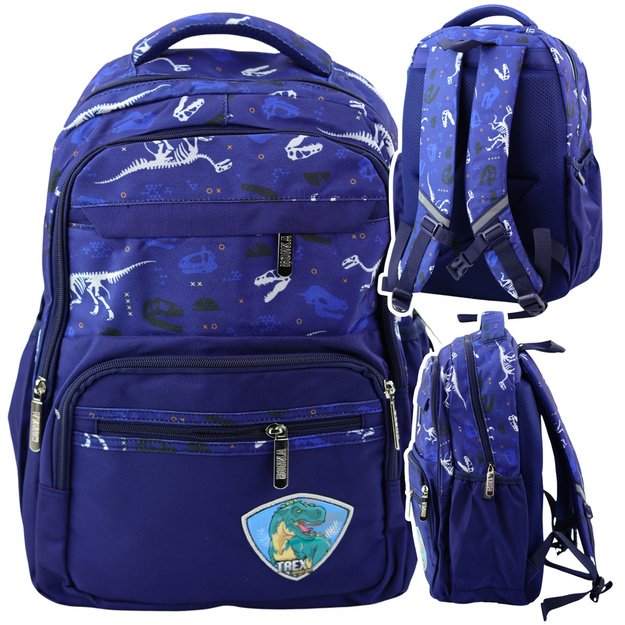 School Backpack Dinosaurs Patch T-Rex Chest Strap Navy Blue 20L 3