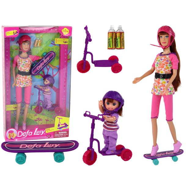 Lucy Doll Set Pink Scooter Skateboard šalmai