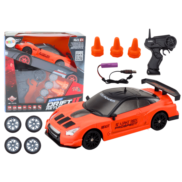 Nuotoliniu būdu valdomas R/C sportinis automobilis 1:24 oranžinis keičiami ratai 2