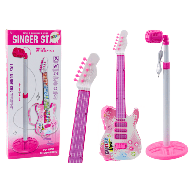 Electric Guitar Stand Kit with Microphone Battery Operated Pink