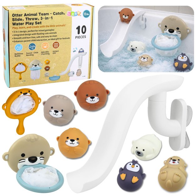 Vonios žaislų rinkinys – čiuožykla, tinkliukas ir gyvūnėliai, 10 dalių