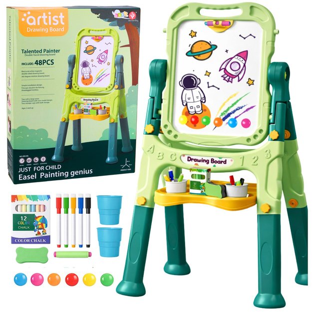 Dvipusė magnetinė sausai valoma lenta su magnetais ir kreidomis, 48 ​​vnt.