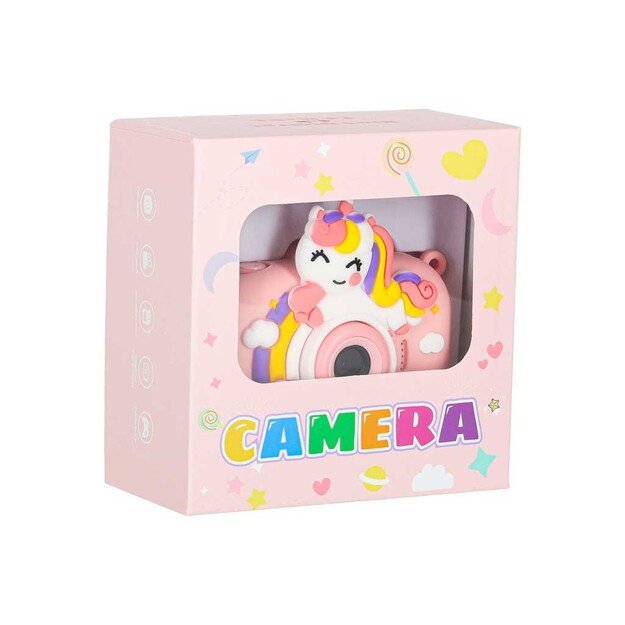 Vaiki&scaron;kas skaitmeninis fotoaparatas ant trikojo vienaragis rožinės spalvos