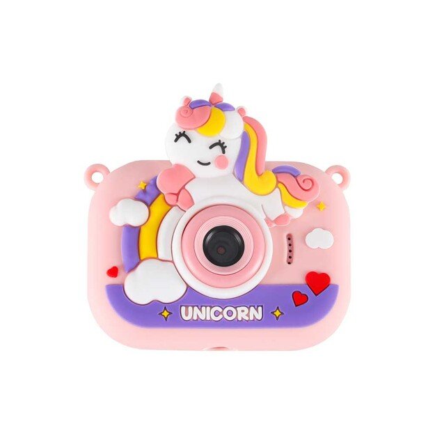 Vaiki&scaron;kas skaitmeninis fotoaparatas ant trikojo vienaragis rožinės spalvos