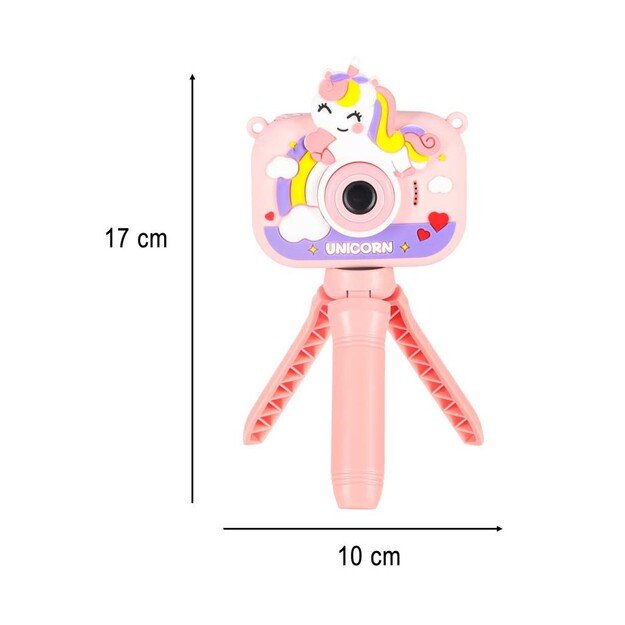 Vaiki&scaron;kas skaitmeninis fotoaparatas ant trikojo vienaragis rožinės spalvos