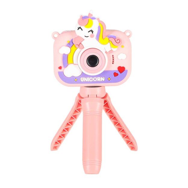 Vaiki&scaron;kas skaitmeninis fotoaparatas ant trikojo vienaragis rožinės spalvos