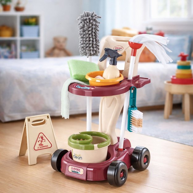Vaikiškas valymo rinkinys vežimėliui, šluostei, kibirui, dulkių siurbliui, 26 vnt.