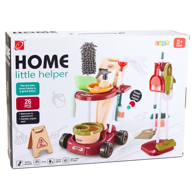 Vaikiškas valymo rinkinys vežimėliui, šluostei, kibirui, dulkių siurbliui, 26 vnt.