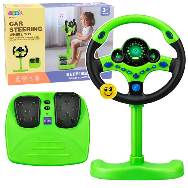 Interactive Steering Wheel on Stand with Pedals Lights Sounds Green