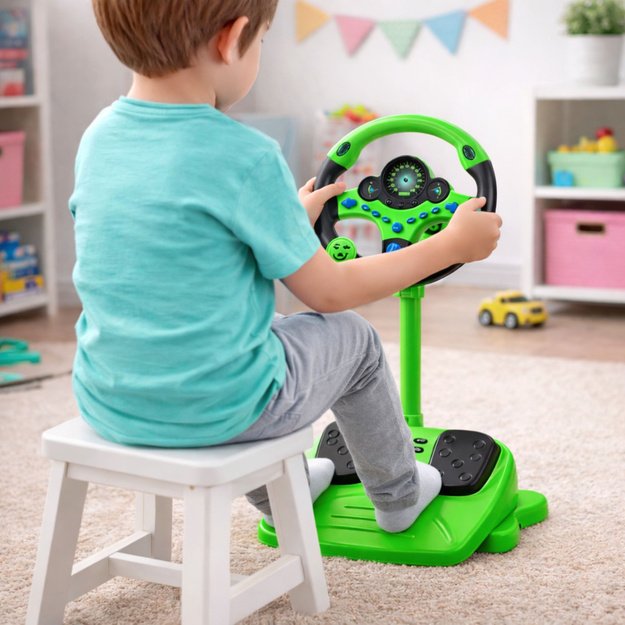 Interactive Steering Wheel on Stand with Pedals Lights Sounds Green