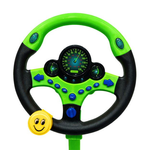 Interactive Steering Wheel on Stand with Pedals Lights Sounds Green