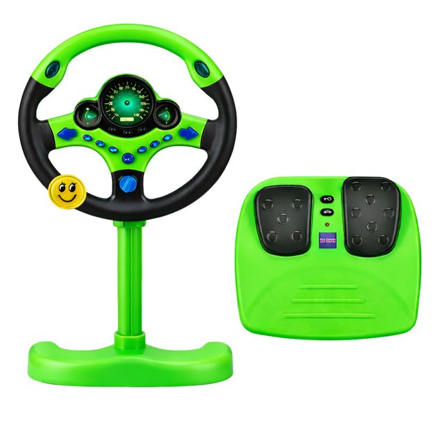 Interactive Steering Wheel on Stand with Pedals Lights Sounds Green