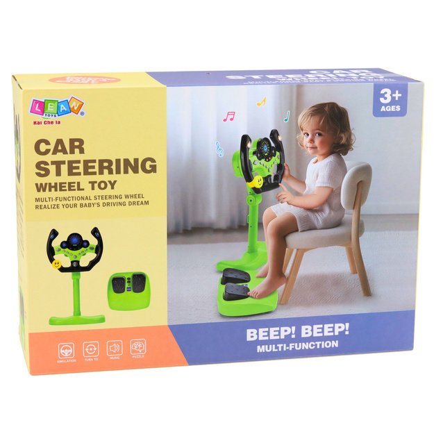 Interactive Steering Wheel on Stand with Pedals Lights Sounds Green