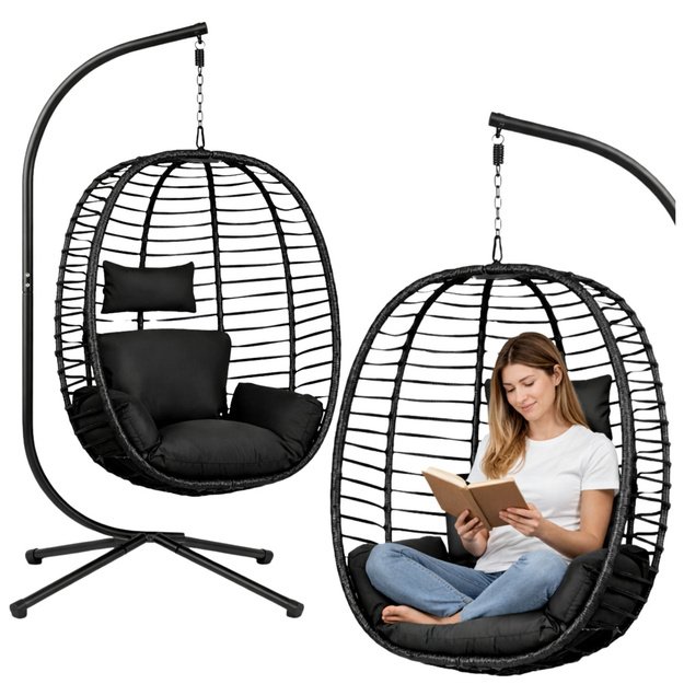 LEAN Hanging Rocking Chair Garden Cocoon Cushions Swing Frame Black