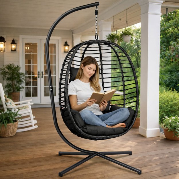 LEAN Hanging Rocking Chair Garden Cocoon Cushions Swing Frame Black
