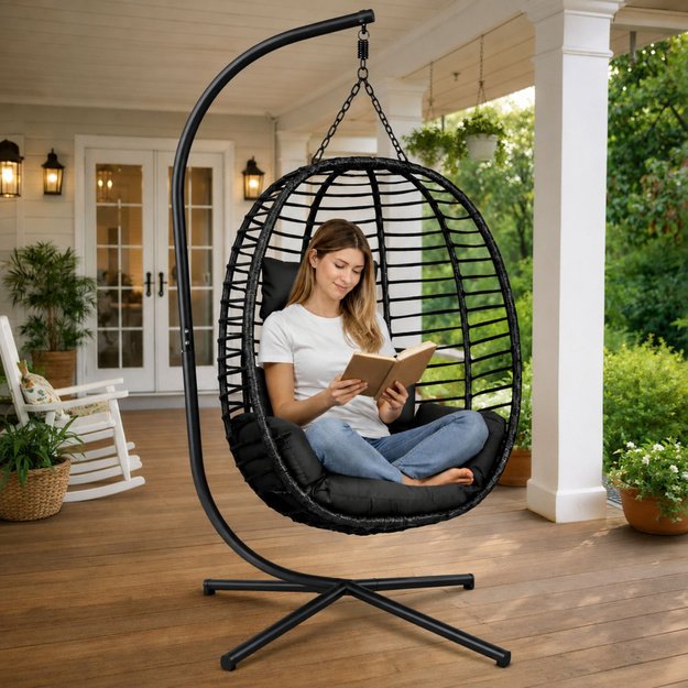 LEAN Hanging Rocking Chair Garden Cocoon Cushions Swing Frame Black