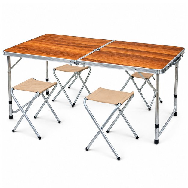 Set of camping furniture, folding table, 4 stools, wooden suitcase
