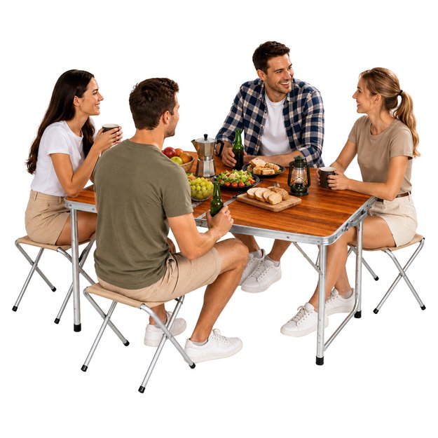Set of camping furniture, folding table, 4 stools, wooden suitcase