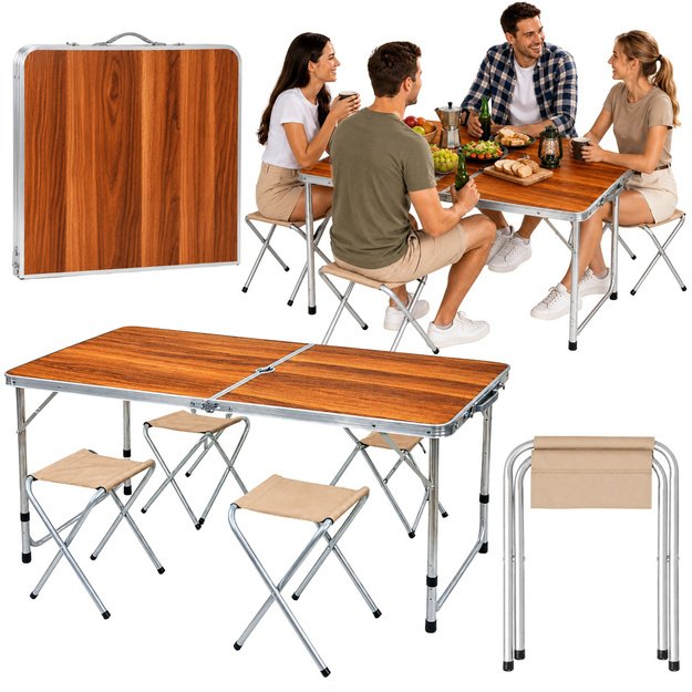 Set of camping furniture, folding table, 4 stools, wooden suitcase