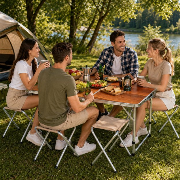 Set of camping furniture, folding table, 4 stools, wooden suitcase
