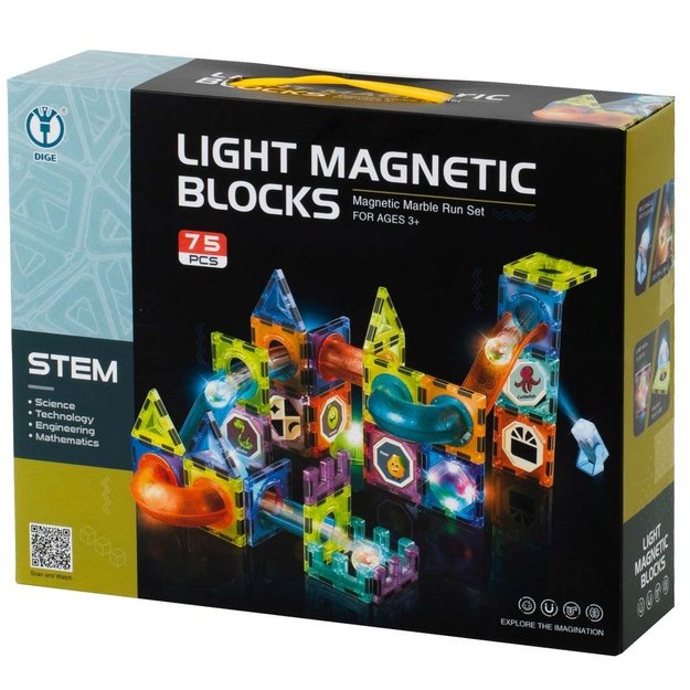 Magnetinis konstruktorius su šviečiančia kamuoliukų trasa, 75 elementai