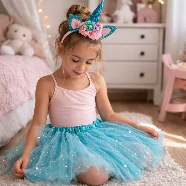 Vienaragio karnavalinis kostiumas galvos apdangalas + sijonas mėlynas 3-6 metų amžiaus 8