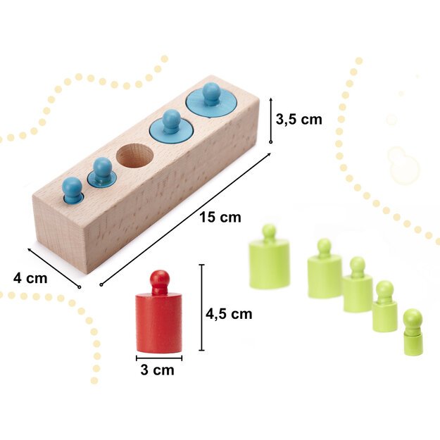 Montessori mediniai cilindriniai svarmenys spalvingi