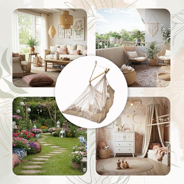 Braziliška kėdė su kojų atramomis, kabantis gulto baldas sūpynės 130 cm, smėlio spalvos 10