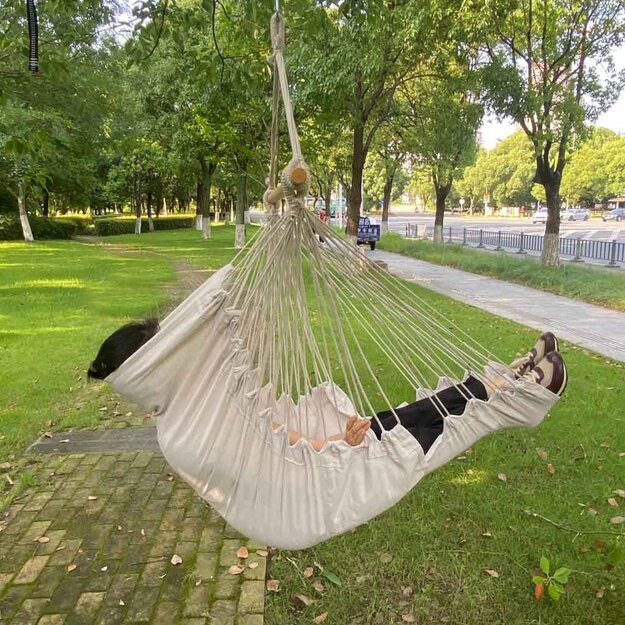 Braziliška kėdė su kojų atramomis, kabantis gulto baldas sūpynės 130 cm, smėlio spalvos 11